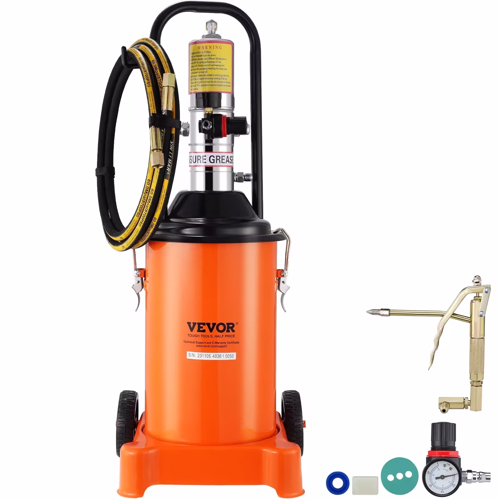 VEVOR 3-Gallon/12L Air-Operated Grease Pump, 50:1 Pressure Ratio, 13 ft Hose, Grease Gun and Wheels