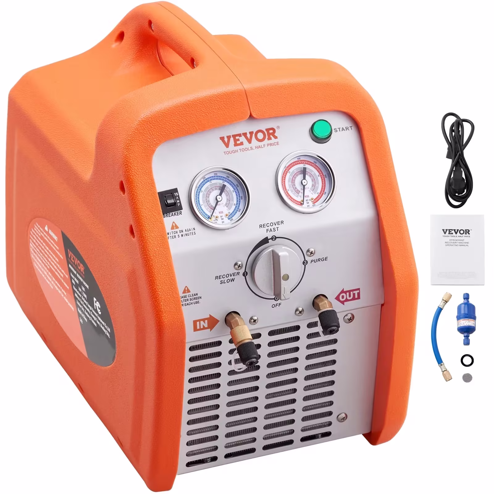 VEVOR 1 HP Dual-Cylinder Refrigerant Recovery Machine, 120V 60Hz, High-Pressure Protection for AC and HVAC