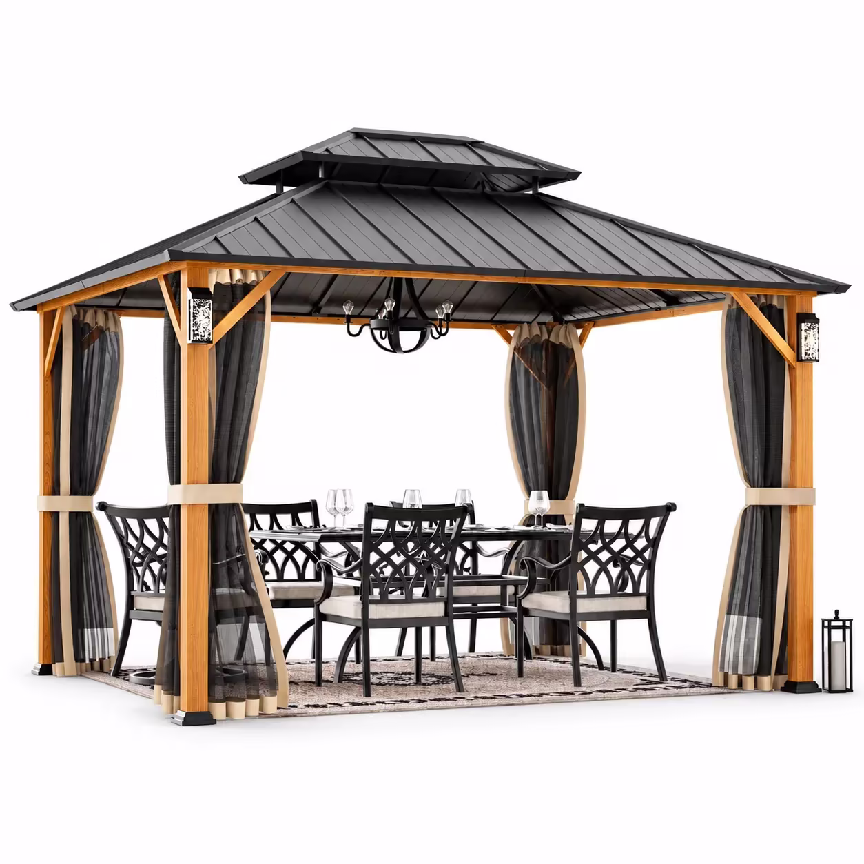 Modern Shade Horizon 10'x12' Hardtop Gazebo, Galvanized Double Steel Roof, 4 LED Lights, Hooks & Mosquito Netting, Wood Grain Finish