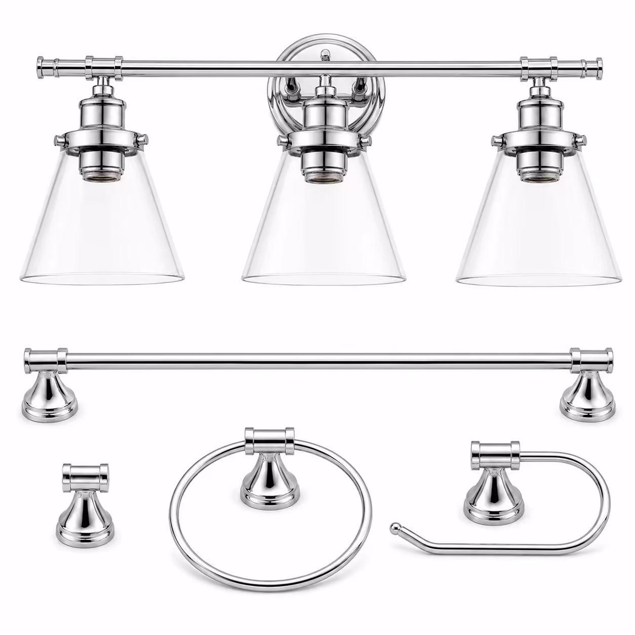 5-Piece Chrome Bathroom Set, 3-Light Vanity Fixture, Towel Bar and Accessories