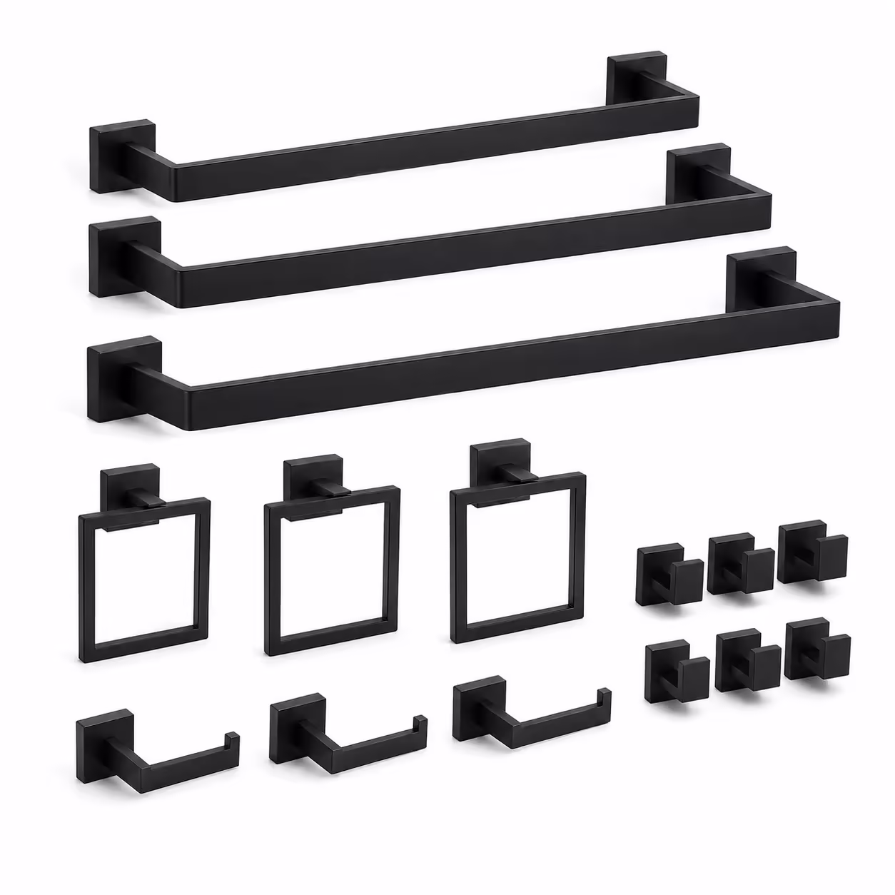15-Piece Matte Black Bathroom Hardware Set, 23.6-Inch Towel Bar Kit, SUS304 Stainless Steel