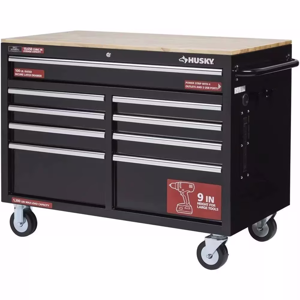 🔥46 in. W x 24 in. D 9-Drawer Gloss Black Deep Tool Chest Mobile Workbench