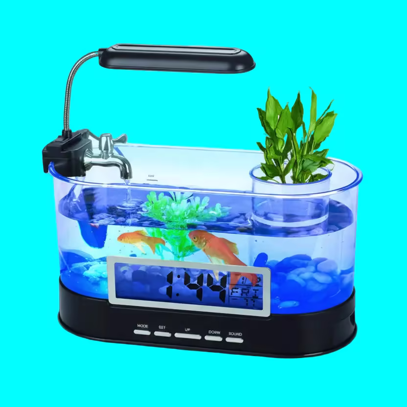 USB Desktop Mini Aquarium with Time Date Temperature Display – LED Fish Tank