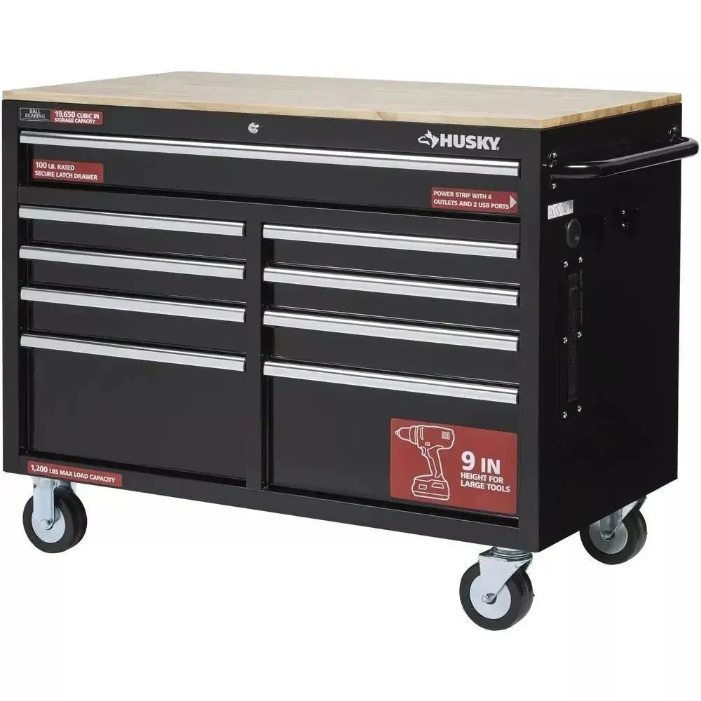 46 in. W x 24 in. D 9-Drawer Gloss Black Deep Tool Chest Mobile Workbench
