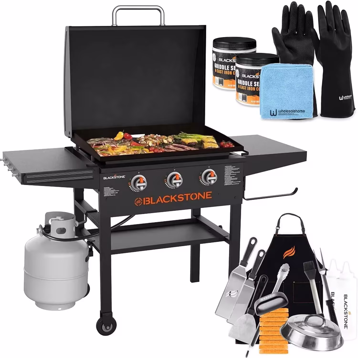 28 Inch Blackstone Griddle 2080 with Hood XL Griddle Original 3-Burner Outdoor Flat Top Grill, with Blackstone Griddle Accessories, Seasoning, and Wholesalehome Gloves and Cloth