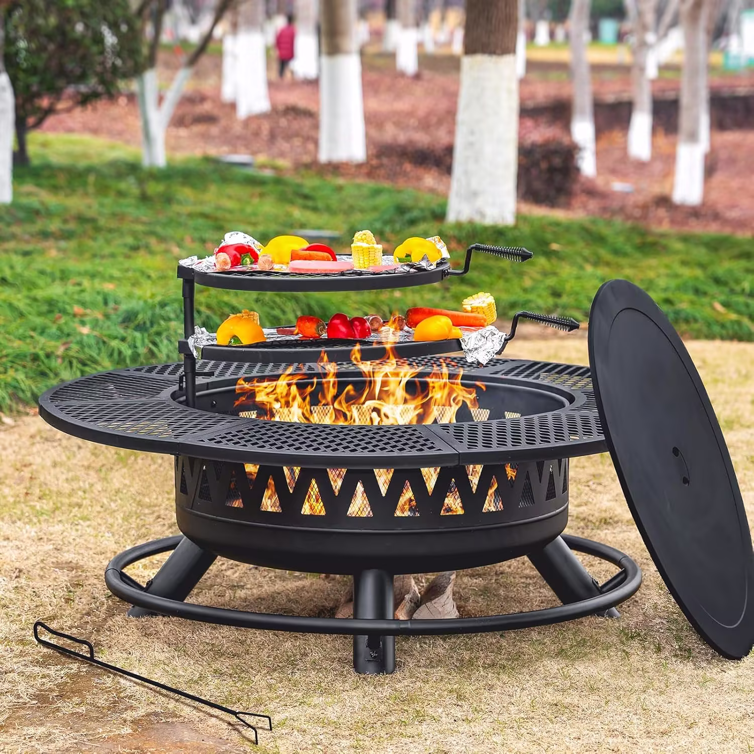 47 Inch Fire Pit with 2 Grills, Outdoor Extra Large Firepits for Outside, Wood Burning Fireplace for Camping,Picnic,Bonfire, 3-in-1 Round Metal Table with Lid for Backyard,Patio,Party