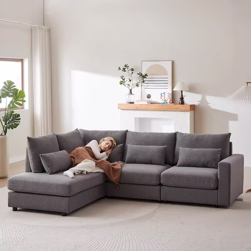 100.2 Linen L-Shaped Sectional Sofa Set with Ottoman and Lumbar Pillows