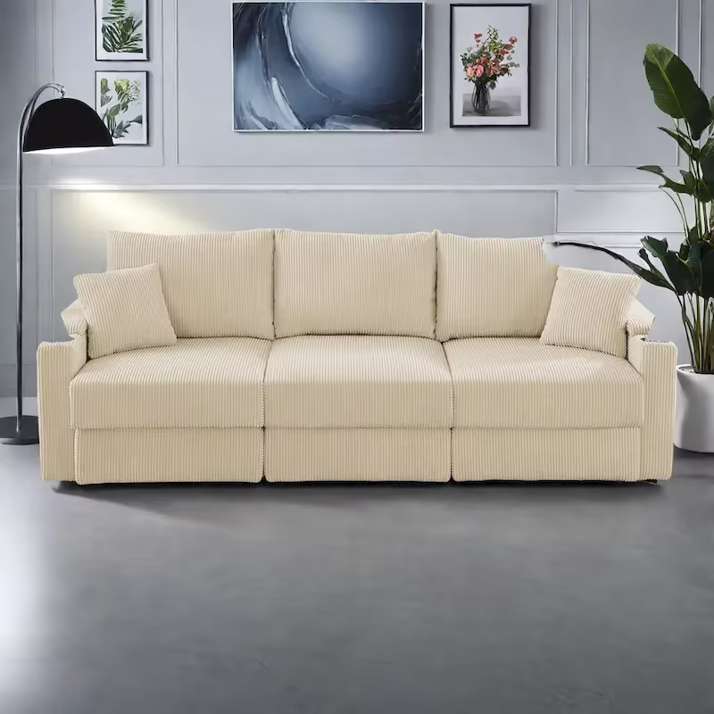 102 Corduroy Contemporary 3-Seater Sofa with Deep Seating, Cup Holders, and Phone Holder