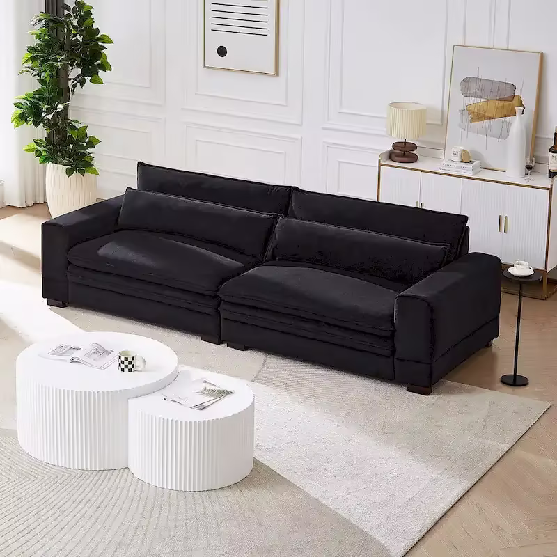 104-Inch Mid-Century Modern Upholstered Sofa with 2 Pillows and Solid Wood Legs