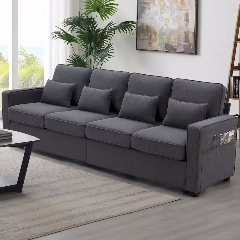 104-Inch Modern Linen Fabric Sofa for 4 with Armrest Pockets and 4 Cushions