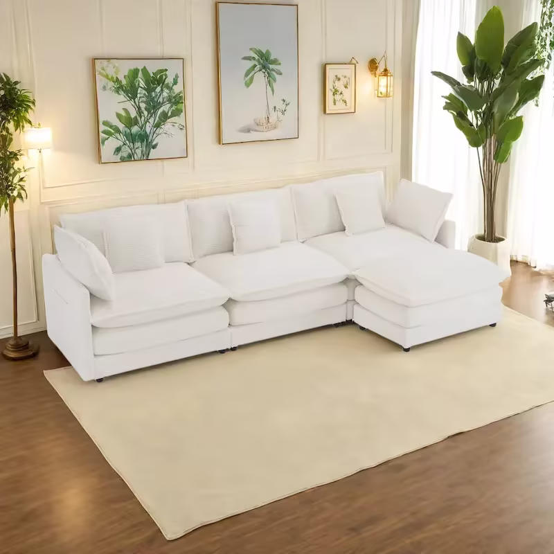 112.6-Inch Corduroy Upholstered L-Shaped Modular Sectional Sofa with Convenient Side Storage Pockets