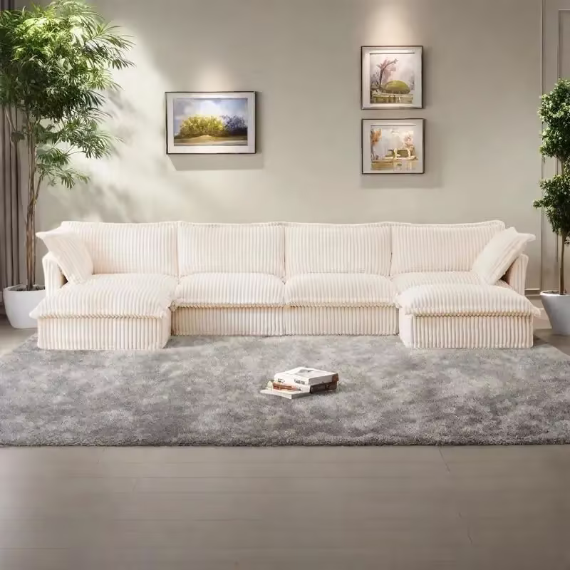 156.6" Corduroy U-Shape 4-Seater Sectional Sofa with Removable Slipcover, Deep Seat Design, and Elegant French Edge Accents