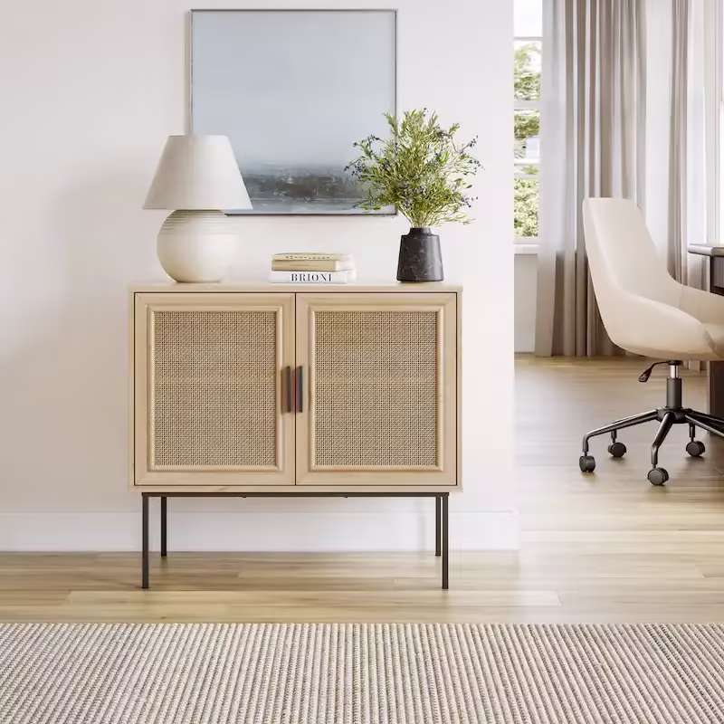 2-Door Rattan Storage Cabinet with Sideboard Design