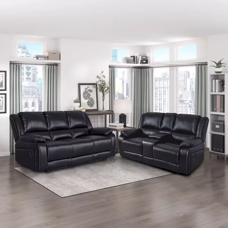 2-Piece Classic Faux Leather Reclining Sofa Set with Console and Cup Holders for Living Room