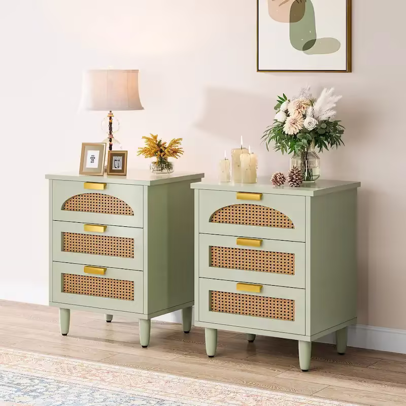 20-Inch Green Wooden Nightstand with 3 Drawers - Bedside Storage Cabinet for Bedroom