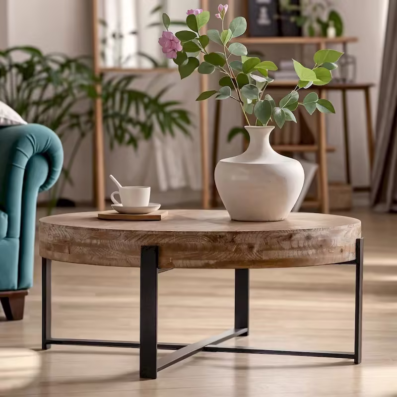 33.86" Modern Retro Round Coffee Table with Cross-Leg Base and Wooden Splicing Design