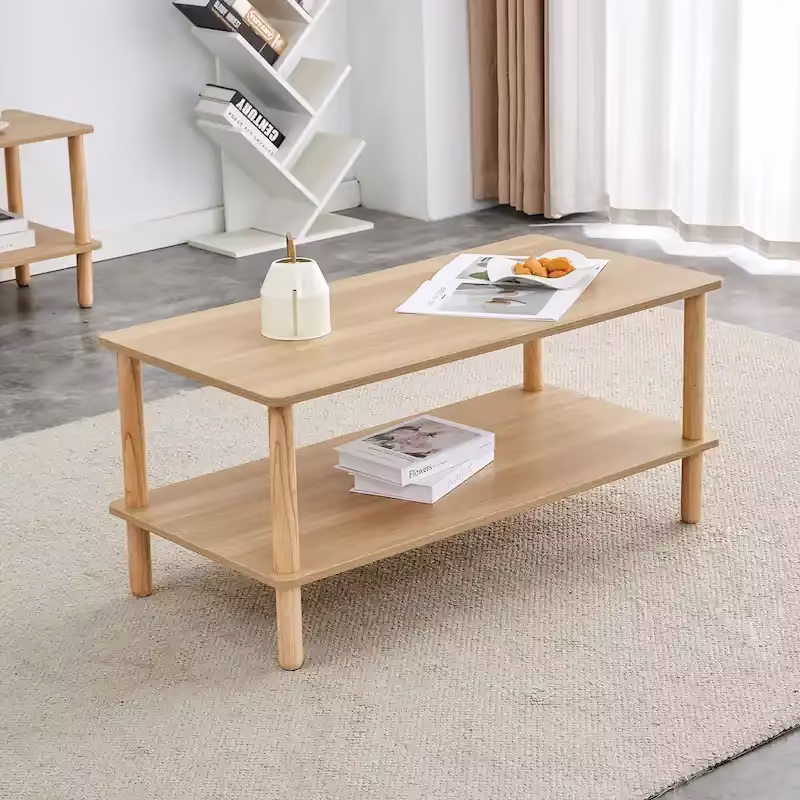 39-Inch Coffee Table with Two-Tier Design and Rubberwood Legs