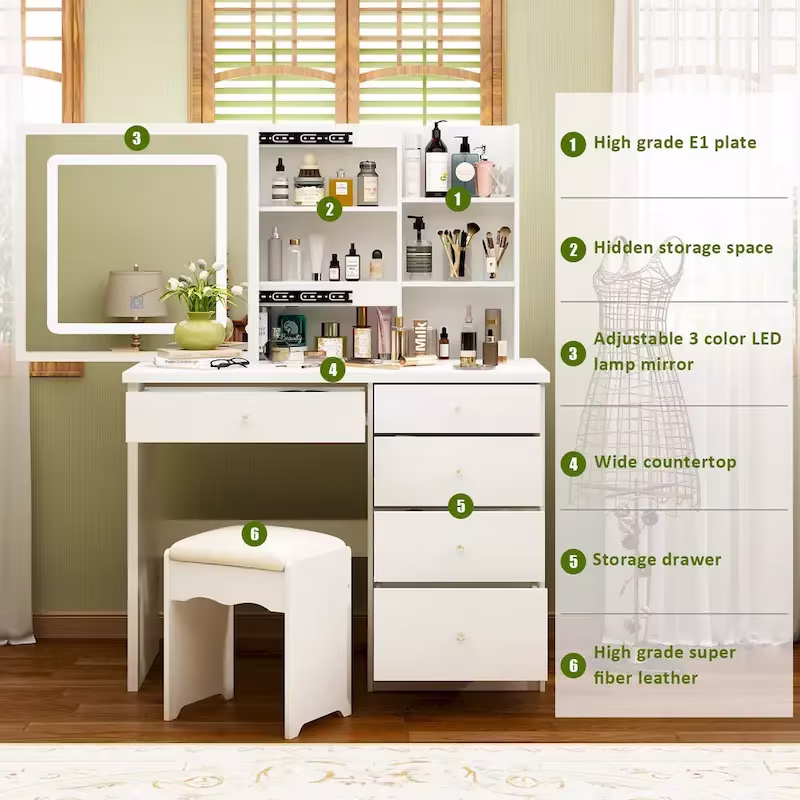 39.4-Inch Makeup Vanity Set with Stool and Touch Light Mirror