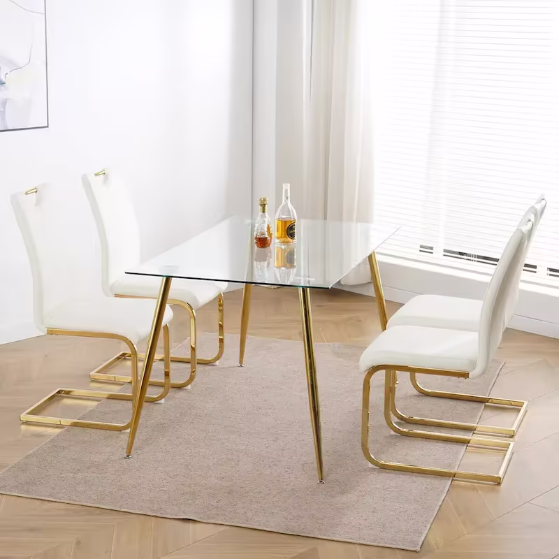 4-Piece Modern Faux Leather Dining Chair Set with Gold Metal Legs and Padded Seats