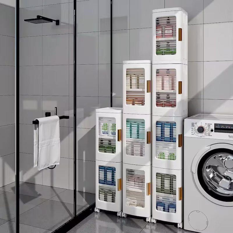 4-Tier Slim Plastic Storage Cabinet with Wheels - Ideal Bathroom Organizer for Small Spaces