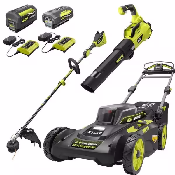 40V Brushless 20-Inch Walk Behind Self Propelled Mower String Trimmer Leaf Blower with (2) Batteries and (2) Chargers