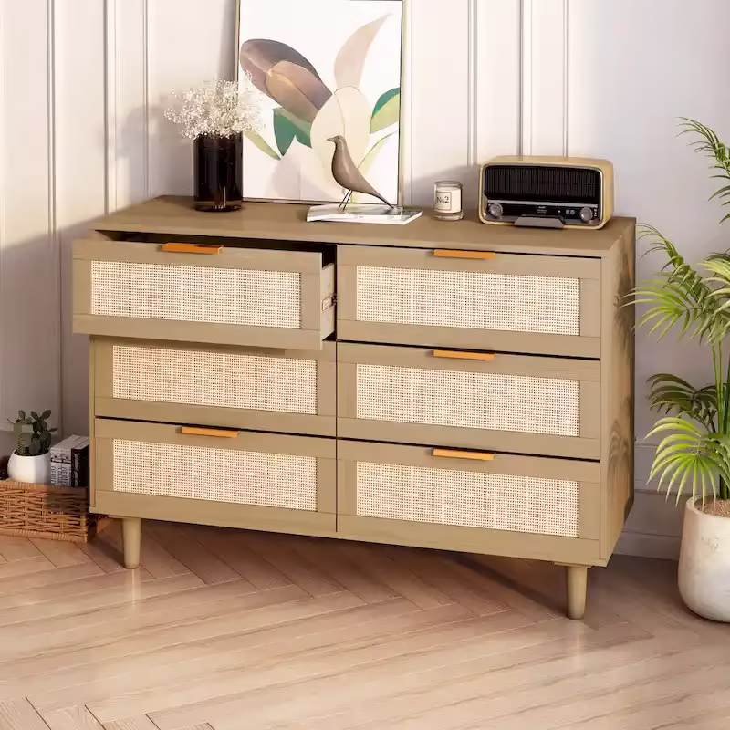6-Drawer Rattan Wood Dresser