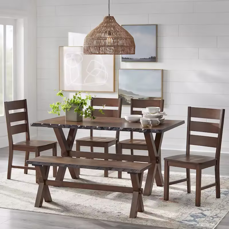 6-Piece Rustic Farmhouse Dining Set Table Chairs & Bench Walnut Finish