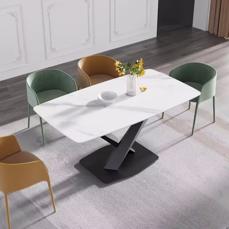 63-Inch Contemporary Dining Table with Slate Stone Surface and Metal Legs, Marble Finish