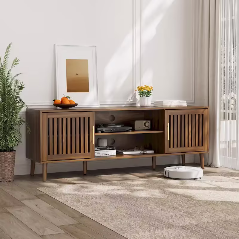 63-Inch Medieval Modern TV Stand with Adjustable Storage Rack and 2 Grille Door Cabinets