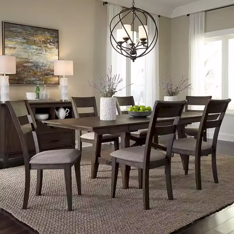 7-Piece Trestle Table Set with Double Bridge in Dark Chestnut