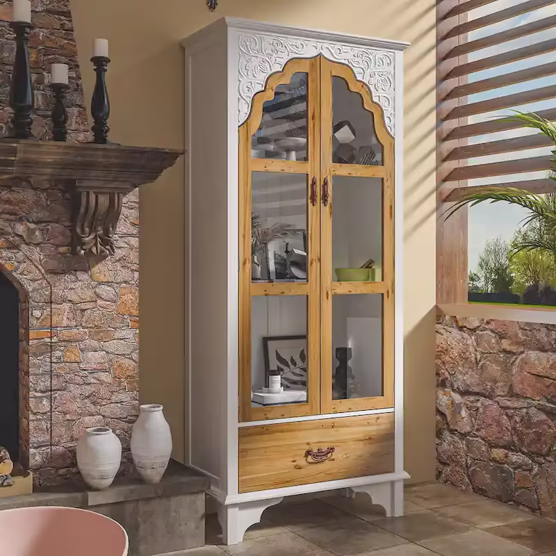 70.9" H x 31.5" W Oak Finish Wooden Curio Cabinet - Stylish Bathroom Display Storage Case