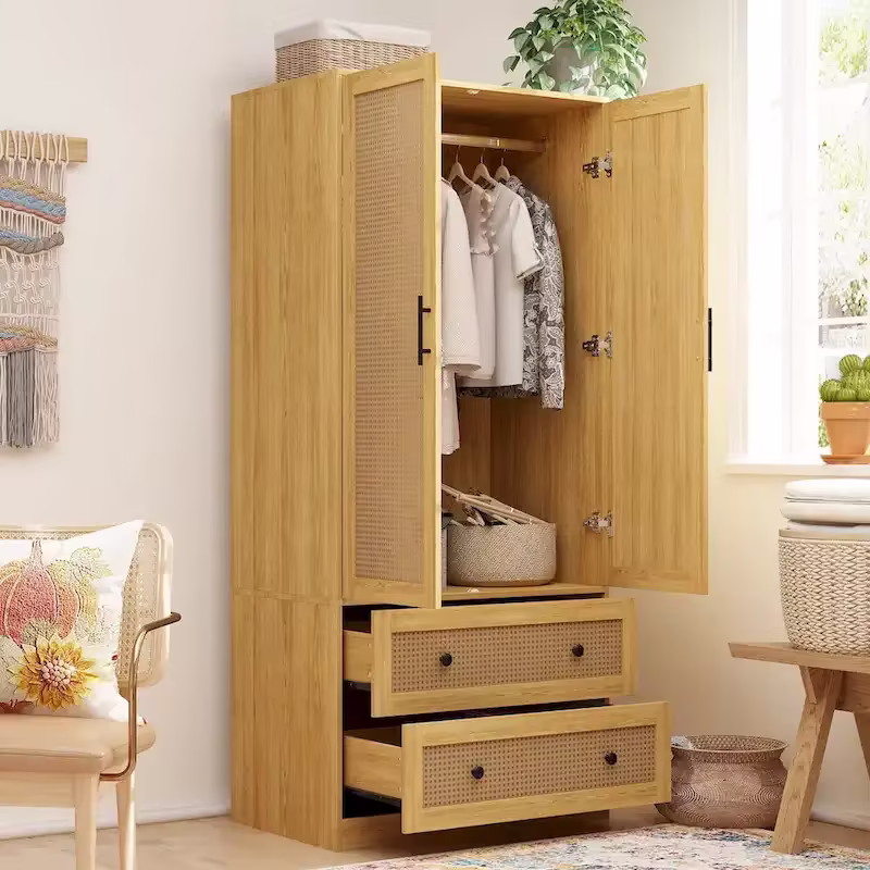 70.9-Inch Wooden Wardrobe Closet with Drawers and Hanging Rod