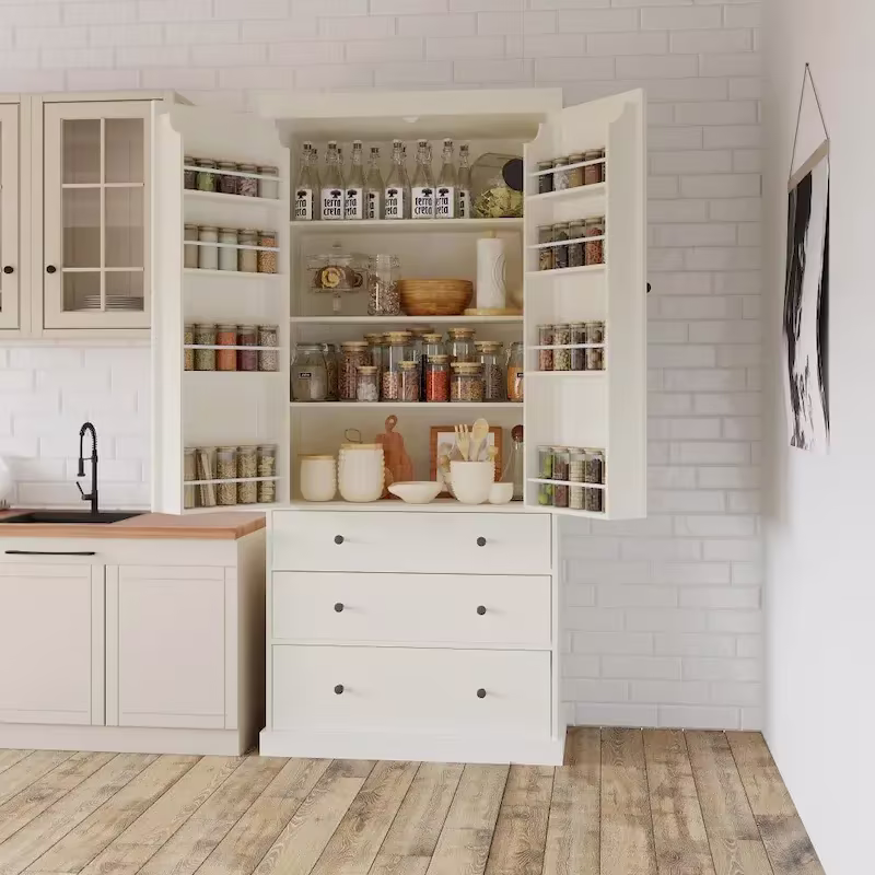 77-Inch Freestanding Tall Pantry Cabinet - Farmhouse Style Kitchen Storage