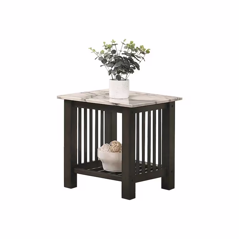 Antique Walnut End Table with Faux Marble Top in Black