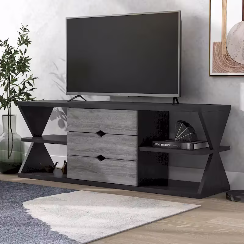 Ayala 60-Inch Modern Black and Distressed Grey TV Console with 4 Shelves and 3 Drawers