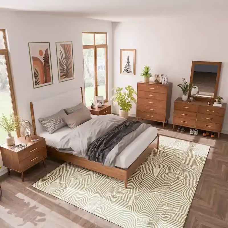 Beau Midcentury 6-Piece Walnut Queen Bedroom Set by Furniture of America