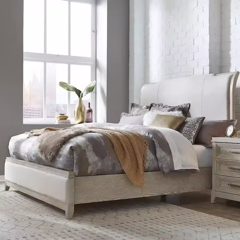 Belmar King Upholstered Bed in Washed Taupe and Silver Champagne