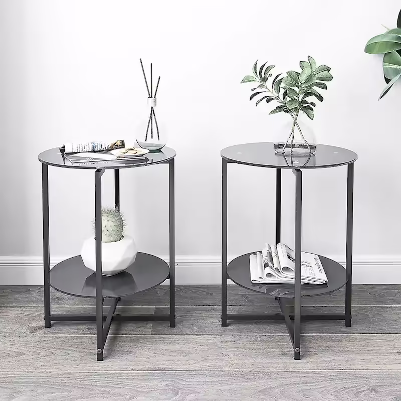 Black 2-Piece Tempered Glass End Table Set - Round Coffee Table for Bedroom, Living Room, and Office