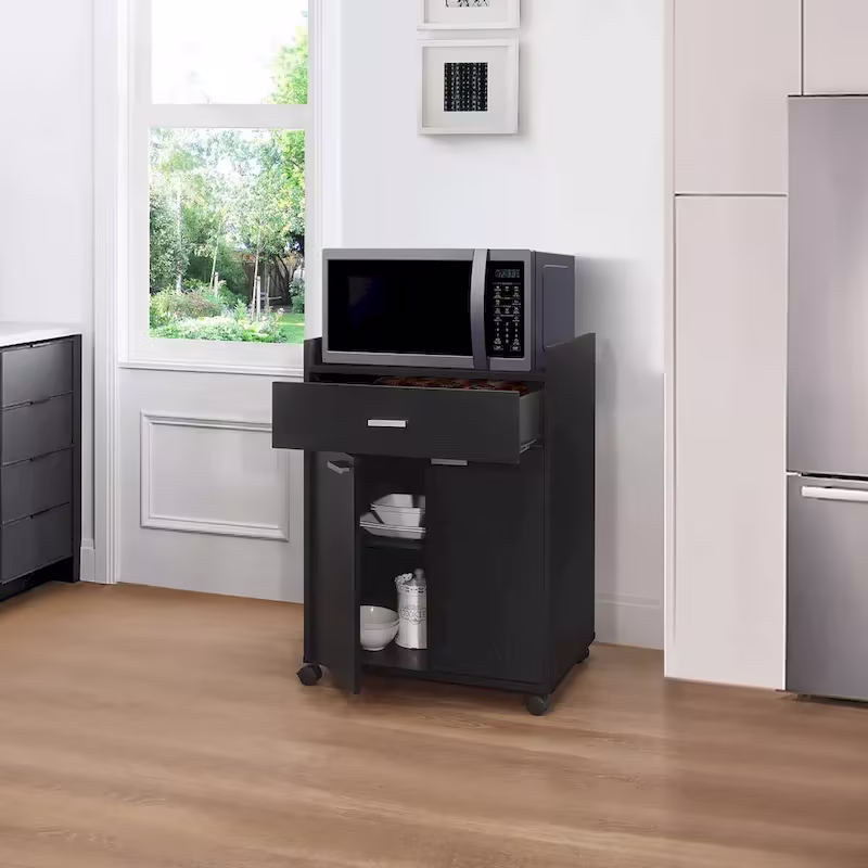 Black Kitchen Microwave Cart with Accent Storage Cabinet, Featuring 1 Drawer and 2 Doors