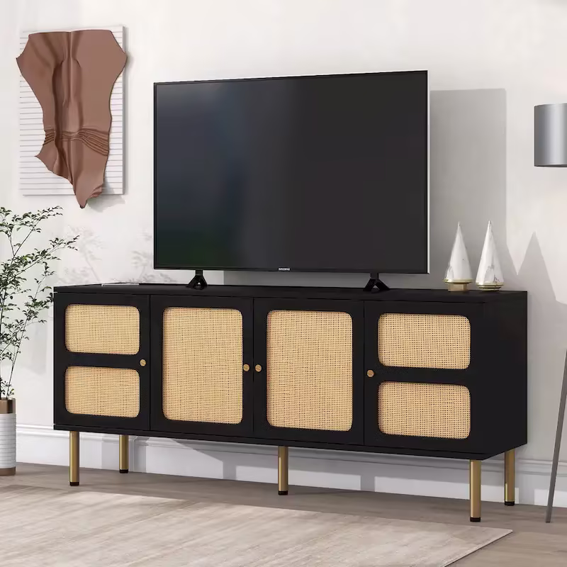 Bohemian Country Wood and Rattan TV Stand Media Console Storage Cabinet - Dimensions: 16.9" x 64.9" x 28.3"