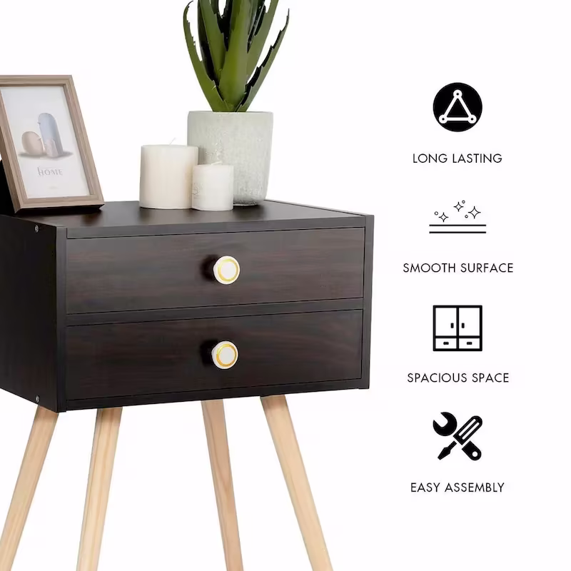 Brown Mid-Century Modern Nightstand with 2 Drawers