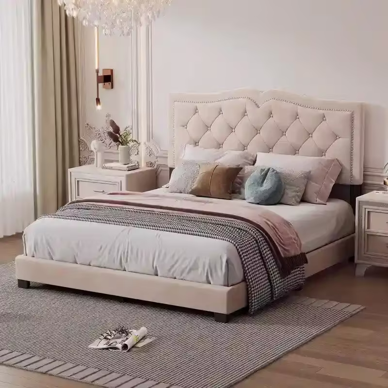 Modern Velvet Queen Size Upholstered Bed Frame with Tufted Headboard and Rivet Accents