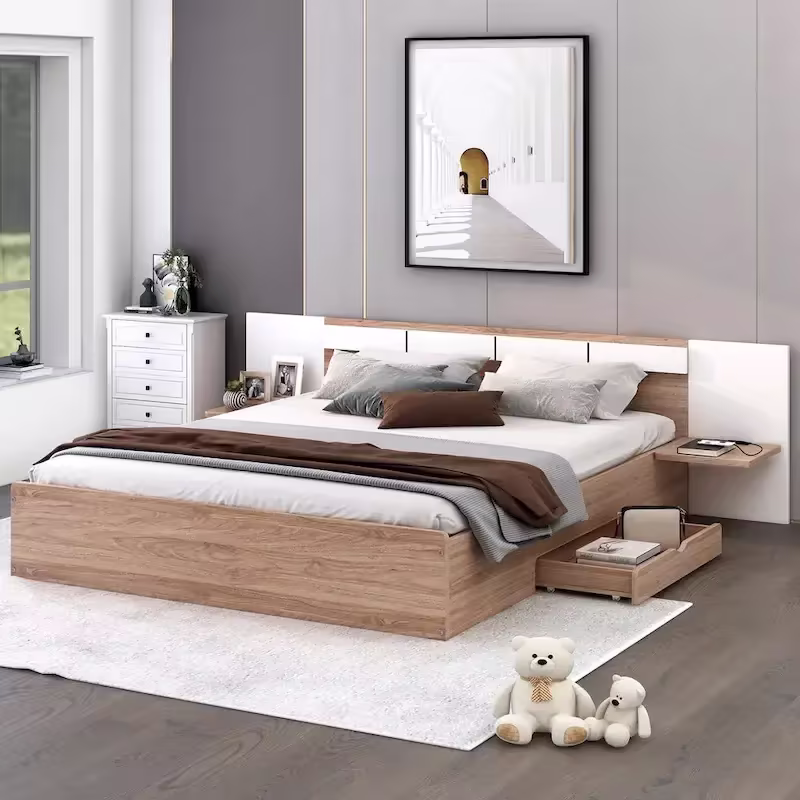 Natural Queen Size Platform Bed with Headboard, Storage Drawers, Shelves, USB Ports, and Outlets