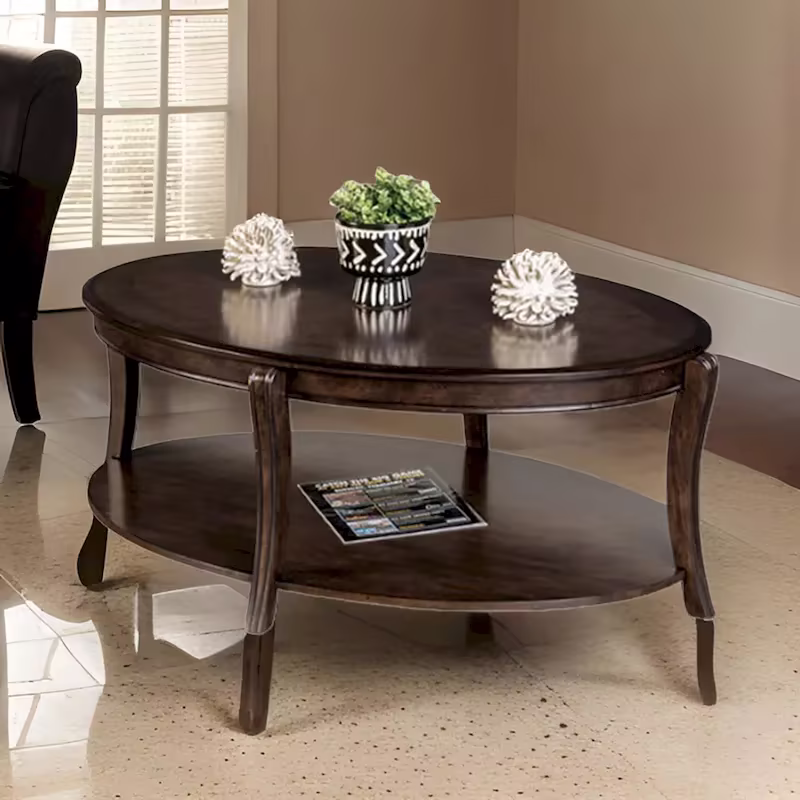Orio 49-Inch Oval Brown Wood Coffee Table with Open Shelves
