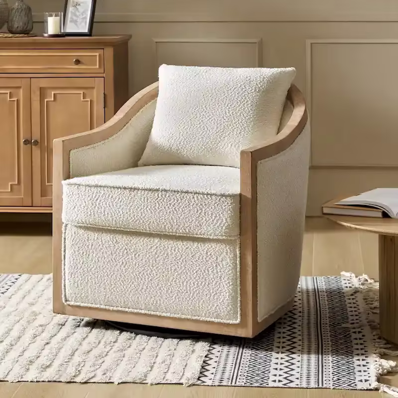 Oswald Jess Farmhouse Solid Wood Swivel Barrel Chair with Toss Pillows by HULALA HOME