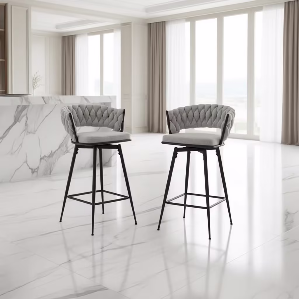 Pair of Swivel Bar Stools with Comfortable Linen Cushions - Counter Height Seating for Kitchen Islands, Dining Areas, or Pubs