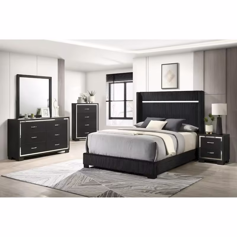 Pedro 6-Piece Black Velvet Upholstered Bedroom Collection