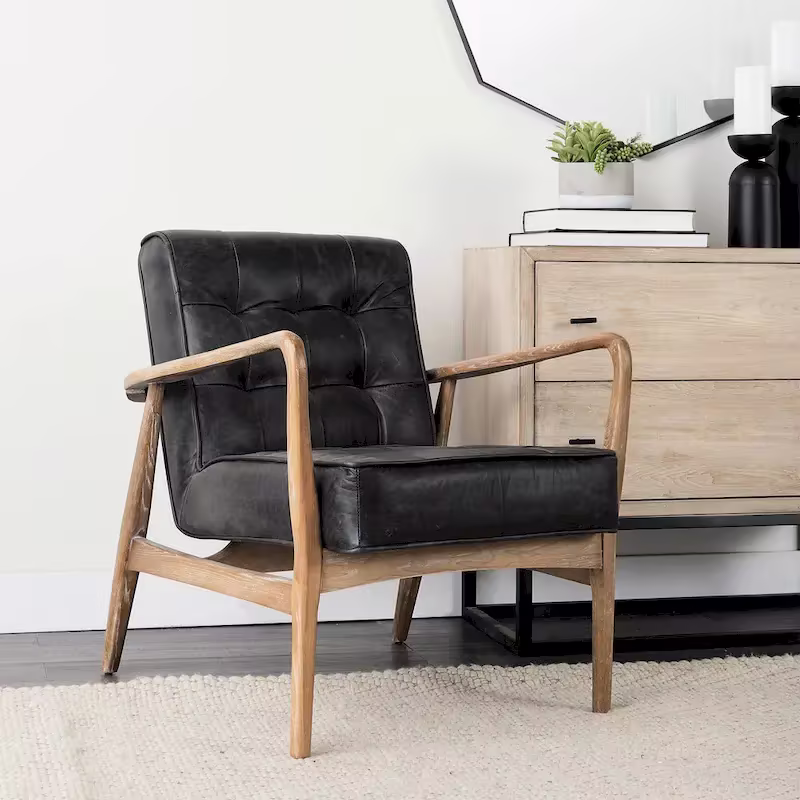 Phineas Black Genuine Leather Accent Chair with Brown Solid Wood Frame