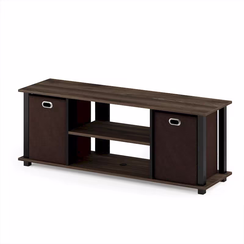 Porch & Den Tompkins Black MDF Entertainment Center Featuring Storage Bins