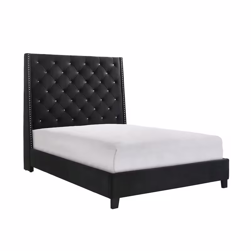 Queen Size Maze Bed with Button Tufting, Nailhead Accents, and Black Fabric Upholstery